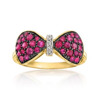 Ross-Simons Ruby Bow Ring With Diamonds in 18kt Gold Over Sterling