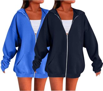 Generic 2 Piece Hoodies For Women Uk Oversized Solid Color Sweatshirts For Women Uk Ladies Zip Up Plain Hoodies Cardigans Tops Long Sleeves Casual Fashion Loo