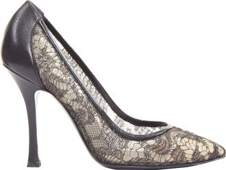 Sergio Rossi black leather floral lace spool heel pumps EU37.5