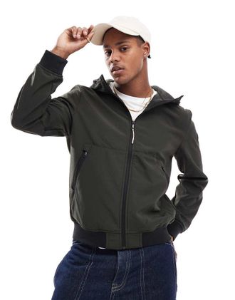 Only & Sons zip up soft shell hooded bomber jacket in dark green