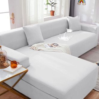 OEM Funda El&aacute;stica Impermeable Para Sof&aacute; Seccional En Forma De L, De Poli&eacute;ster El&aacute;stico De Seda Suave Color Leche Con Fundas De Almohada, Color Blanco, Pa
