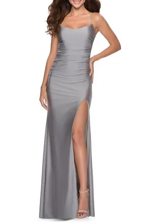 La Femme Long Tie Up Back Jersey Prom Dress with Slit in Silver at Nordstrom, Size 00