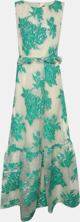 Roberto Cavalli White/green Tulle Embroidered Maxi Dress