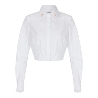 Elisabetta Franchi Cropped katoenen poplin overhemd met logodetails - Dames - Blouses & Shirts - Wit - Maat: L Katoen