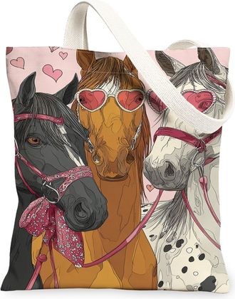 Generic Horse Love Canvas Tote Bags, Cute Animal Pattern Reusable Grocery Bags, Spring Floral Lightweight Washable Shoulder Strap C, Peach, 13x15 Inch
