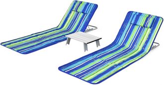 Costway Costway - Set De 2 Esterillas De Playa Con Respaldo Plegable Y 1 Mesita, Set Tumbonas Regulables, Sillas Regulables Port&aacute;tiles Para Playa Patio Campin
