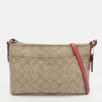 Coach East/west Pop Up Beige/pink Coated Canvas Pouch Crossbody Bag