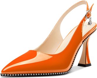 Castamere Womens Slingback Kitten Heel Close Pointed Toe Pumps Court Shoe Chunky Wedding Party Dress Shoes 9 CM Heels Orange 6.5 UK