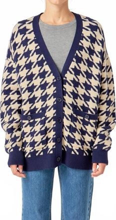 English Factory Houndstooth Knit Cardigan In Navy