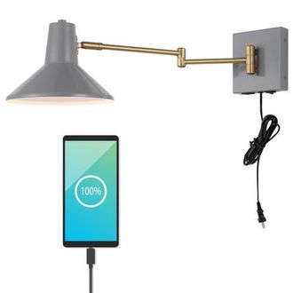 Jonathan Y Designs Hygge Swing Arm 1-Light Modern Midcentury Iron USB Charging Port LED Sconce in Gray at Nordstrom