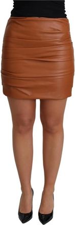 Dolce & Gabbana Lamsleren Mini Geplooide Rok met Hoge Taille - Dames - Leren & Su&egrave;de rokken - Bruin - M - Leer - Rokken