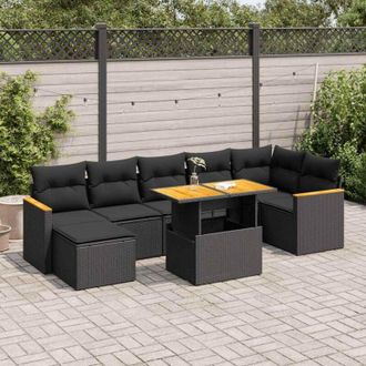 vidaXL Set Sof&aacute;s Jard&iacute;n Y Cojines 8 Pzas Rat&aacute;n Sint&eacute;tico Acacia Negro Vidaxl