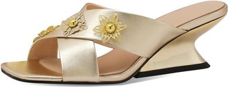 TinaCus Genuine Leather Womens Open Toe Handmade Flowers Mid Heels Sandals Slippers, Gold, 8 UK