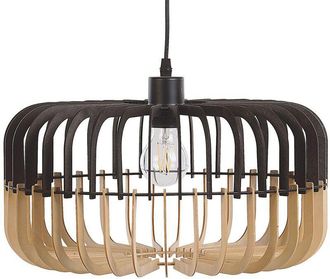 Beliani L&aacute;mpara Colgante En Color Madera Clara Tablero De Mdf Negro Metal Con Pantalla En Forma De Tambor Sous