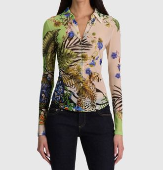 Alice & Olivia Jade Mesh Button Down Shirt In Riviera Citrus