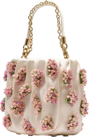 Self Portrait Womens Floral Beaded Shoulder Bag Beige Raffia