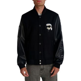 Karl Lagerfeld Karl Faux Leather Sleeve Varsity Bomber Jacket in Black at Nordstrom Rack, Size Large