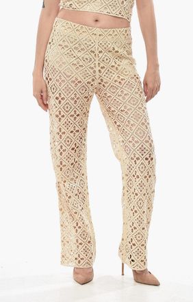 Off-white Pantaloni Palazzo in Misto Cotone Crochet con Zip Laterale Off-White