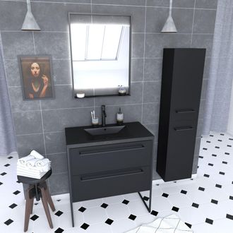 Aurlane Mueble De Ba&ntilde;o 80 Cm, Lavabo Negro, Espejo Led Y Columna - Negro