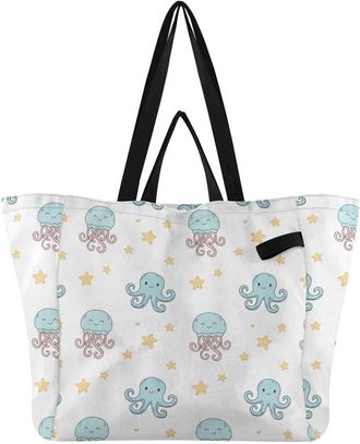 Generic Underwater Ocean Animal Jellyfish pattern Reusable Canvas Tote Bag, Heavy Duty Grocery Shopping Bag with Hard Bottom Double Handles Large Capacity Wor