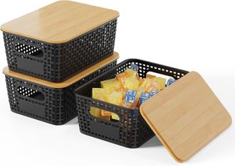 Gabrielle Juego De 3 Cajas De Almacenamiento De Bamb&uacute; Con Tapa, Ideales Para Ba&ntilde;o, Cocina, Estantes, Armarios Y El Hogar (negro)