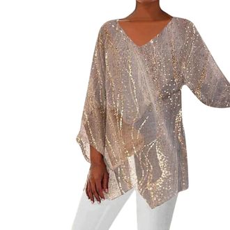 Generic Womens Tops Ruffle 3/4 Sleeve Tops Ladies Uneven Hem Tops V Neck Sequin Tops Glitter Sparkly Dress Shirt Casual Loose Fit Tunic Tops Summer Stylish Wo