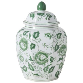 Beliani Jarr&oacute;n Con Tapa Florero Accesorio Decorativo De Porcelana Sal&oacute;n Blanco Y Verde Ferrol