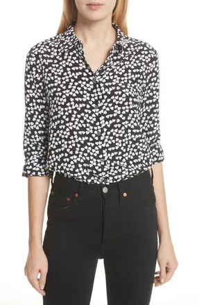 Equipment Essential Heart Print Silk Shirt in True Black-Bright White at Nordstrom, Size Xx-Small