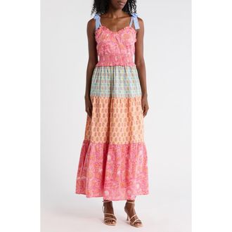 Maisie Tie Strap Smocked Tiered Cotton Maxi Dress in Pink/Orange/Turq at Nordstrom Rack, Size X-Small