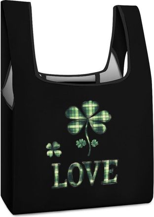 Generic Green Plaid St. Day Patricks Love Reusable Shopping Bags Lightweight Foldable Grocery Bag Polyester Washable Tote Bag
