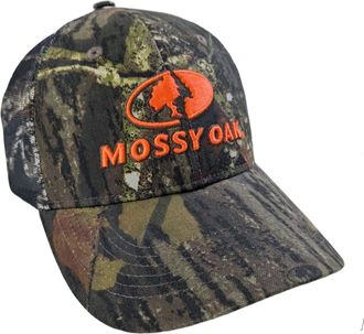 Mossy Oak BU Blaze Orange Logo Camo MESH Trucker Hat Cap with Snapback Wicking Sweatband Precurved Visor (Break Up)
