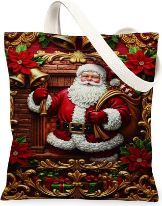 Generic Christmas Santa Canvas Tote Bags, Holiday Design Reusable Grocery Bags, Lightweight Washable Shoulder Strap Canvas for Shopping Picnic 13x15 Inch