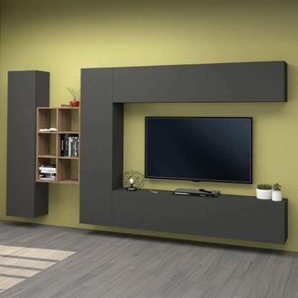 Dmora Dmora - Pared Equipada Dcaldar, Conjunto De Sal&oacute;n Mueble Tv Con 4 Puertas, Mueble De Sal&oacute;n Polivalente, 100% Made In Italy, Cm 280x30h180, Antracita Y
