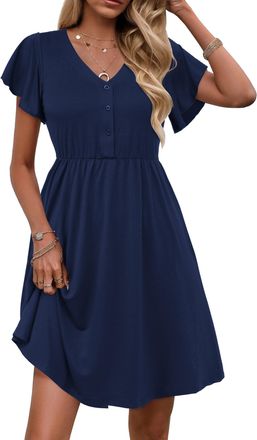 Zeagoo Women Summer Dress Ladies Short Sleeve Mini Dress V-Neck Casual Solid Color Dresses Elagant Ruffle Tiered Tunic Dress Navy Blue S