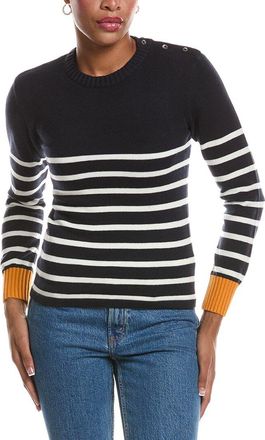 Brodie Button Stripe Crewneck Cashmere-Blend Sweater