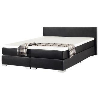 Beliani Cama Continental Doble 180 X 200 Cm Tapizada En Piel Sint&eacute;tica Negra Con Colch&oacute;n De Muelles Embolsados President
