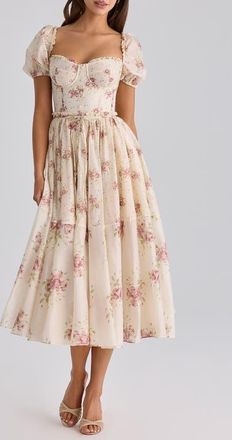 House of CB Penelope Floral Puff Sleeve Corset Chiffon Midi Dress in Ivory Vintage Rose Print at Nordstrom, Size X-Small
