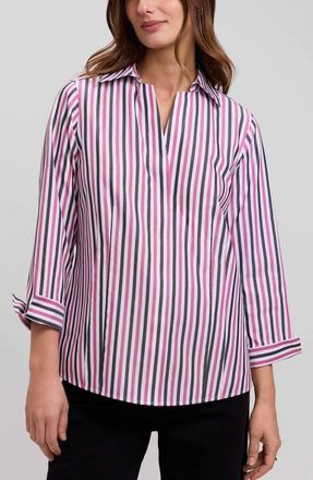Foxcroft Taylor Stripe Cotton Button-Up Shirt in Pomegranate Pink/multi at Nordstrom, Size 10
