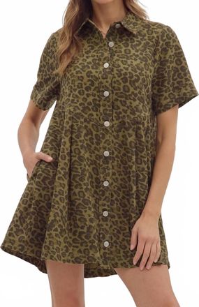 Entro Loretta Leopard Denim Mini Dress In Olive