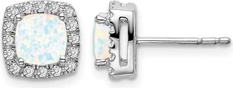 Diamond2Deal 14k White Gold Cushion Created Opal and Diamond Halo Stud Earrings