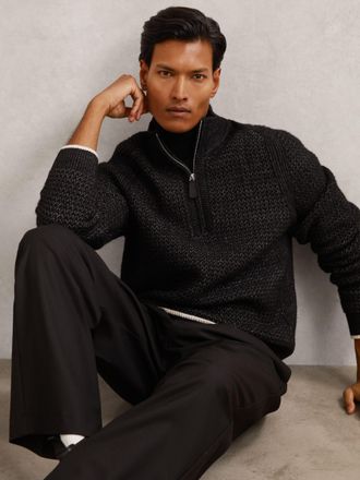 Reiss Black Half-zip Chevron-knit Jumper With Wool, XL