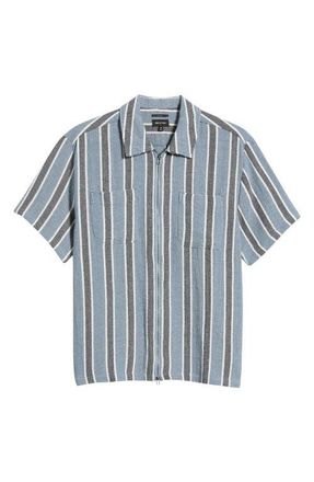 Brixton Dexter Textured Striped Zip Shirt in Black/Dusty Blue at Nordstrom, Size Xx-Large