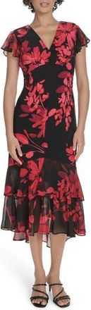 Tommy Hilfiger Chiffon Flutter Sleeve Midi Dress in Deep Scarlet Multi at Nordstrom Rack, Size 14