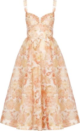 Zimmermann Rebllion Drape Midi Dress with Flared Skirt and Floral Design