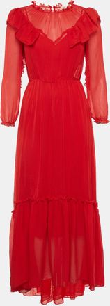 Maje Red Chiffon Ruffle Maxi Dress