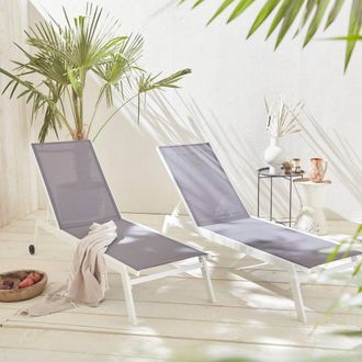 Sweeek Set Of 2 Multi-position Aluminium Sun Loungers With Wheels in White