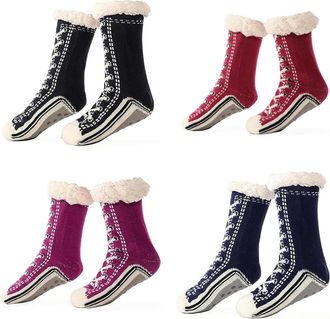 Generic Unisex Thick Cashmere Slipper Home Socks Fluffy Plush Comfy Sleeping Footwear Non-slip Grippy Boots Thermal Plush Booties (4pcs-f,One Size)