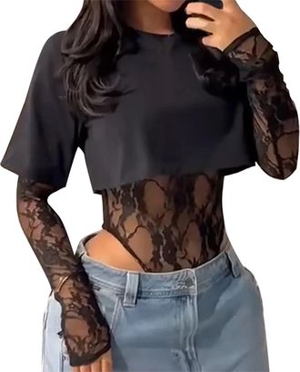 Generic Womens 2 Piece Tops Sexy Lace See Through Slim Fit Bodysuit and Crewneck Short Sleeve Solid Color Cropped Tops(Black, S)
