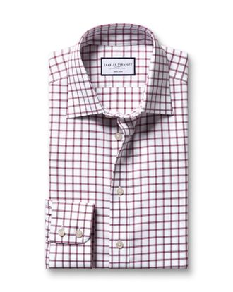 CHARLES TYRWHITT Non-Iron Twill Checkered Cotton Formal Shirt - Dark Pink Single Cuff Size 15.5/33 by Charles Tyrwhitt