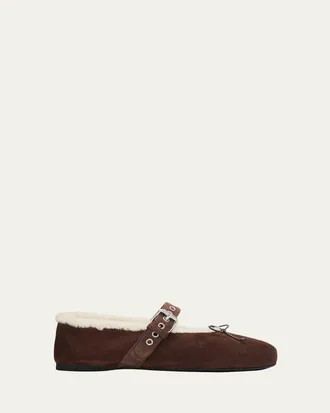 Miu Miu Shearling-Lined Suede Mary Jane Ballerina Flats